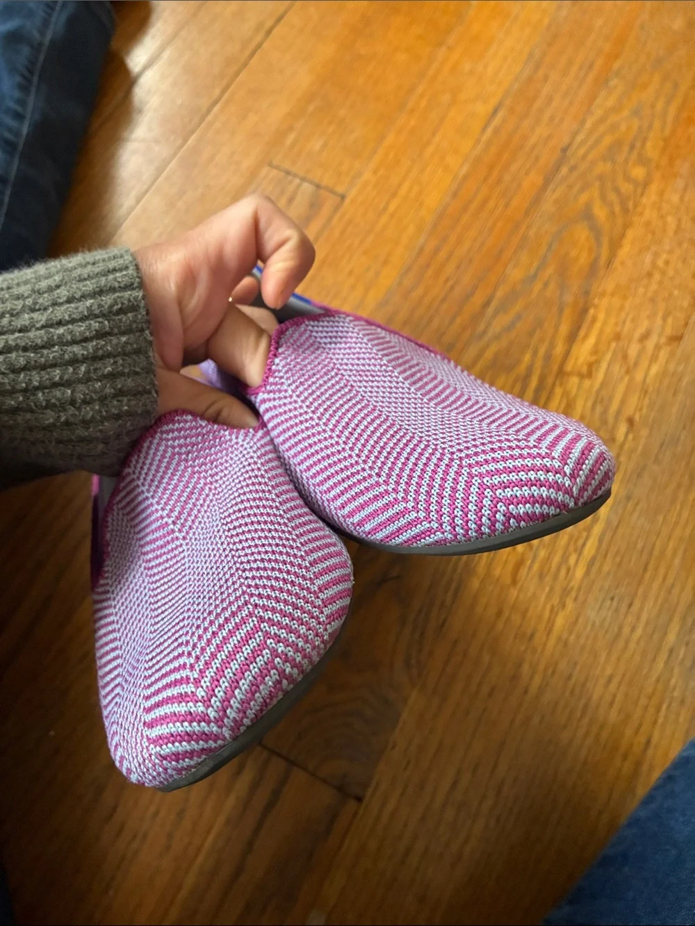 Rothy's Pink Chevron Knit Loafer with Blue Trim